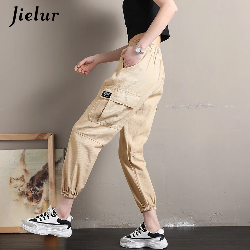 Jielur BF харадзюку женские брюки карго Модные Карманы хаки Pantalon с завышенной талией
