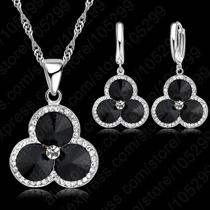 Pure 100% 925 Sterling Silver Shiny CZ Crystal Petal Shape Necklace Black Stone Pendant Earring For Woman Wedding Jewelry Set | Украшения и