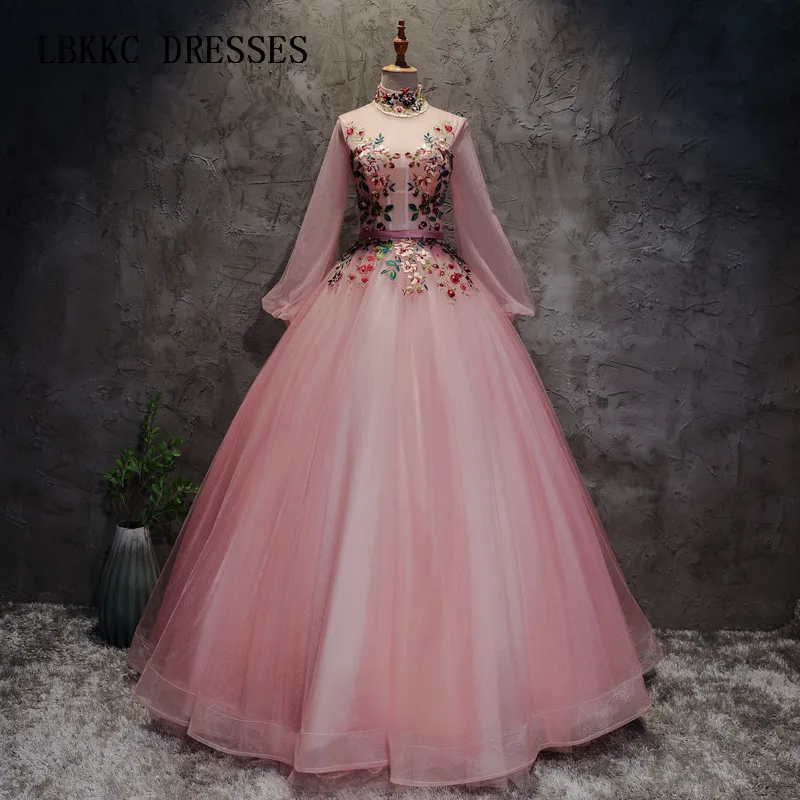 

High Neck Quinceanera Dresses Long Sleeve Pink Tulle With Lace Embroidery Vestido De Festa Longo Elegant Vestido De Debutante