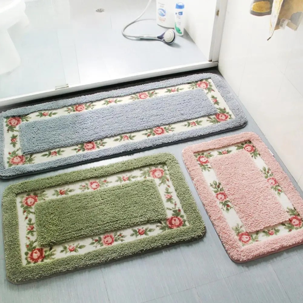 

Pastoral Style Rose Pattern Non Slip Water Absorption Rectangle Carpet Floor Mat