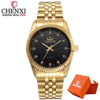 CHENXI Men Fashion Watch Women Quartz Watches Luxury Golden Stainless Steel Wristwatch Lovers Dress Clock in Box Gift eyki men s watches women full stainless steel business dress quartz wristwatch unisex strip waterproof golden date lovers clock
