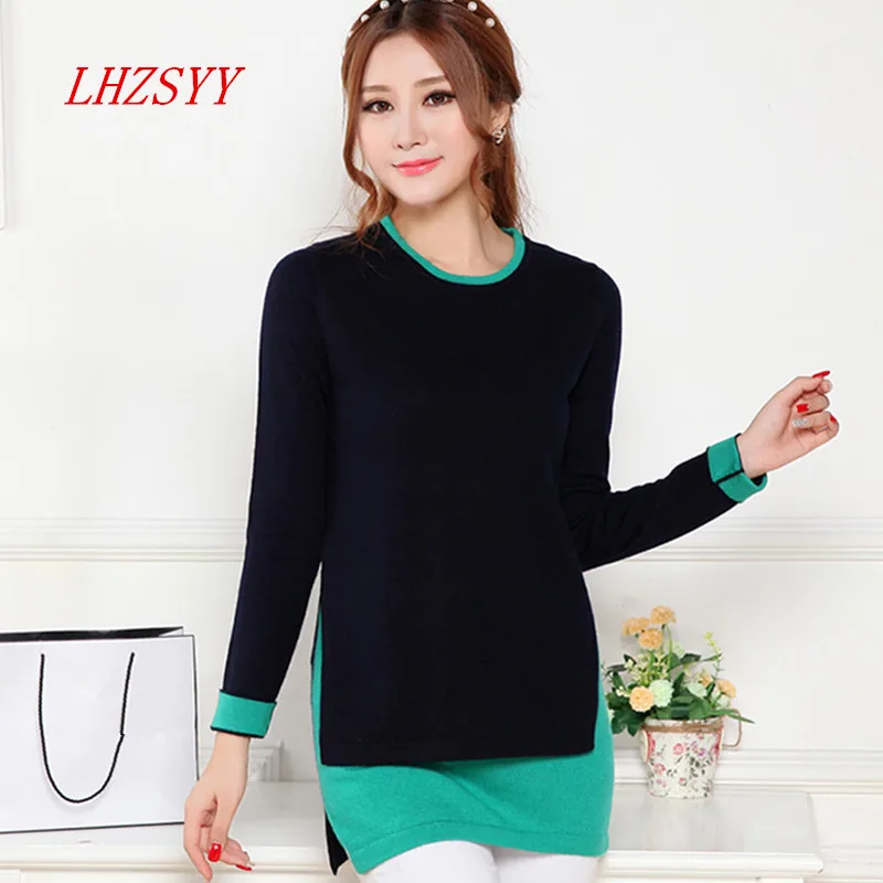 New winter women's Cashmere spell color false two fashion Slim Sweater and long sections Hedging Cashmere Sweater