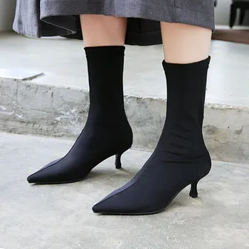 

GPOKHDS 2019 women ankle boots soft stretch fabric autumn spring Rome style pointed toe high heels ankle boots size 34-40