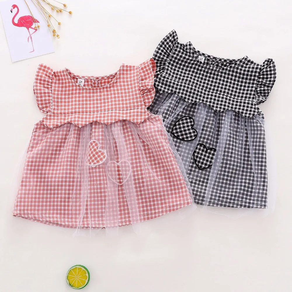

2019 Summer Baby Girls Short Sleeve Plaid Ruffles Mesh Heart Birthday Party Princess Tutu Kids Dress vestido infantil