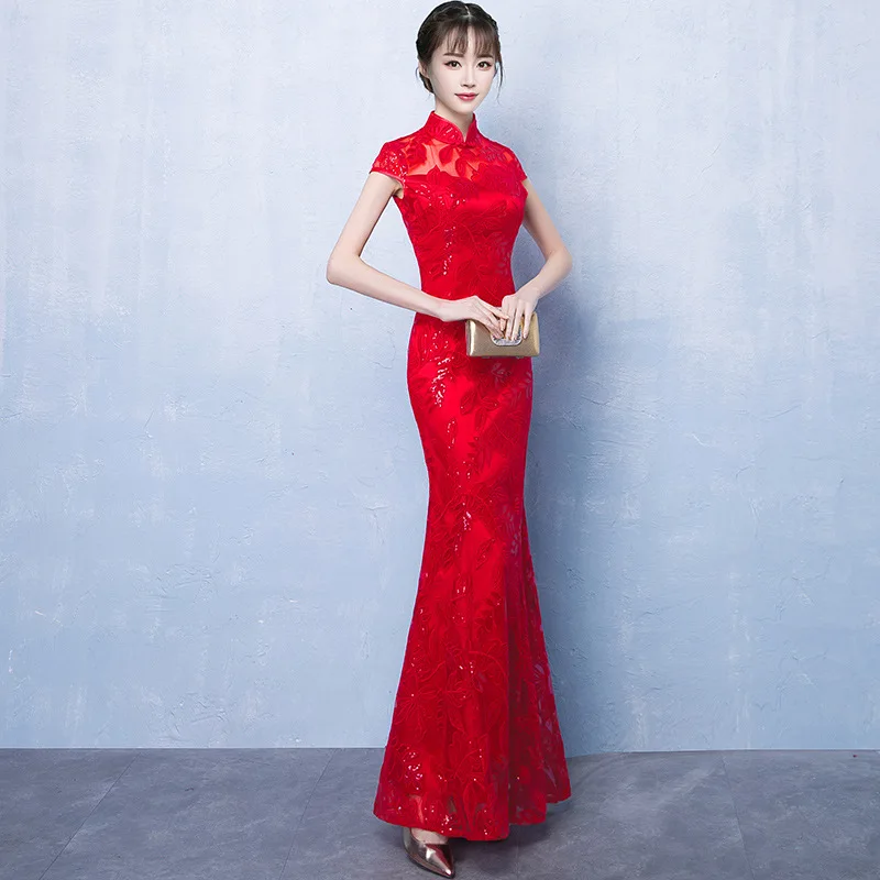 

2018 Lace Cheongsam Sexy Long Qipao Red Mermaid Wedding Dress Women Chinese Traditional Dresses Robe Orientale Lace-collar