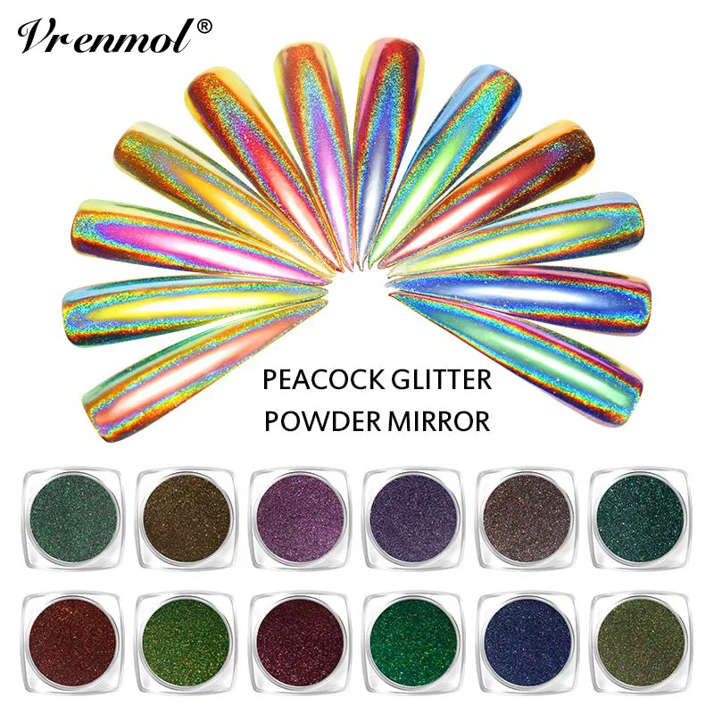

Vrenmol 12 Colors 0.2g Laser Peacock Holographic Nail Glitter Chameleon Powder Mirror Holo Chrome Pigment Nail Art Decoration