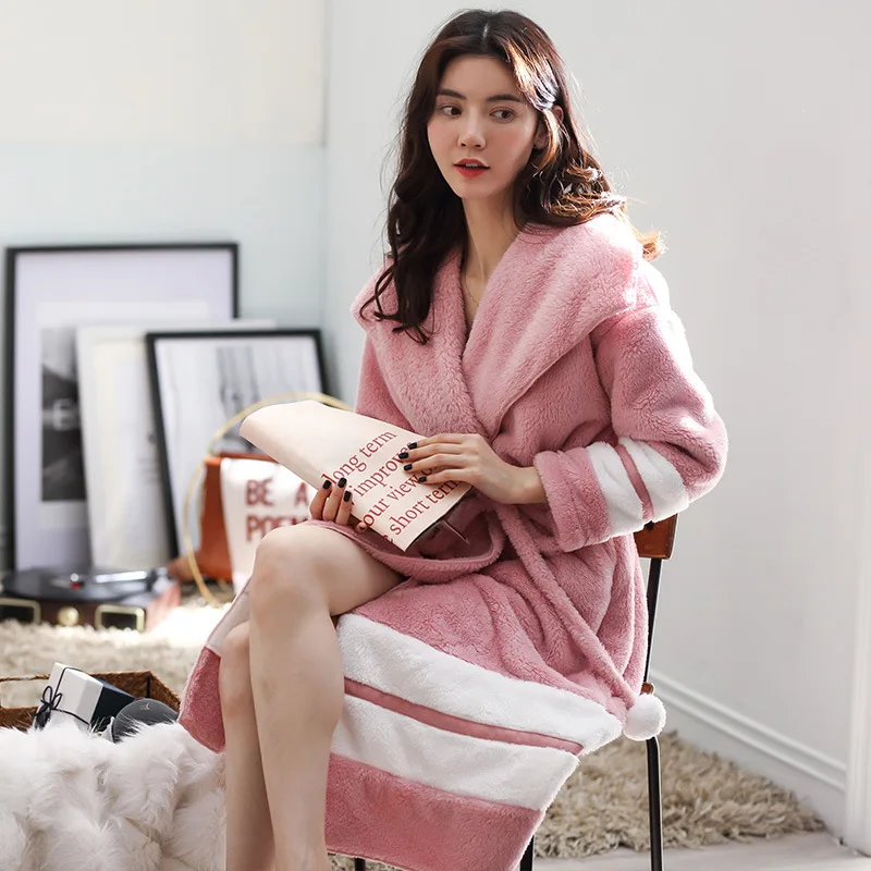 Новые женские халаты теплый халат женский зимний фланелевый Полосатый Розовый домашний банный халат с отворотом струнное кимоно Халат