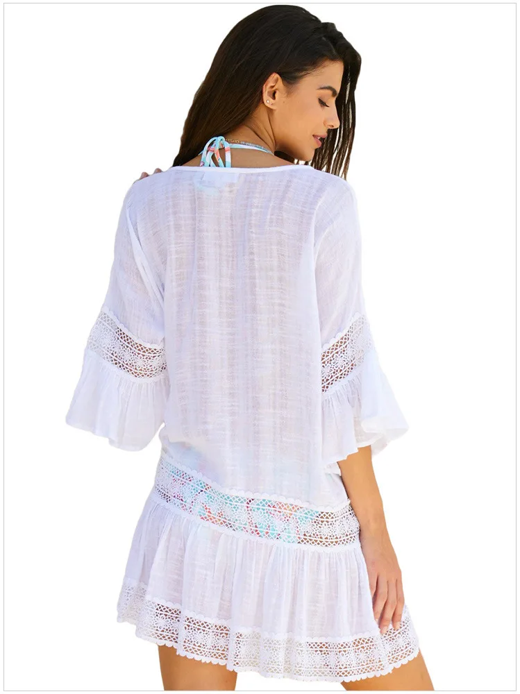 Scsech 2018 Summer Women Beach White Dress Half Sleeve V Neck Lace Hollow Out Solid Beach Dress Women Dresses Sundress D8B11  (2)