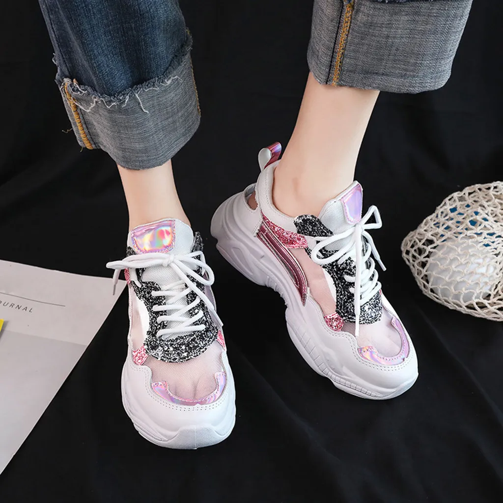 Running shoes women Bling Mixed Colors Mesh breathable outdoor leisure Sneakers Ladies transparent Lace up non-slip sports shoes