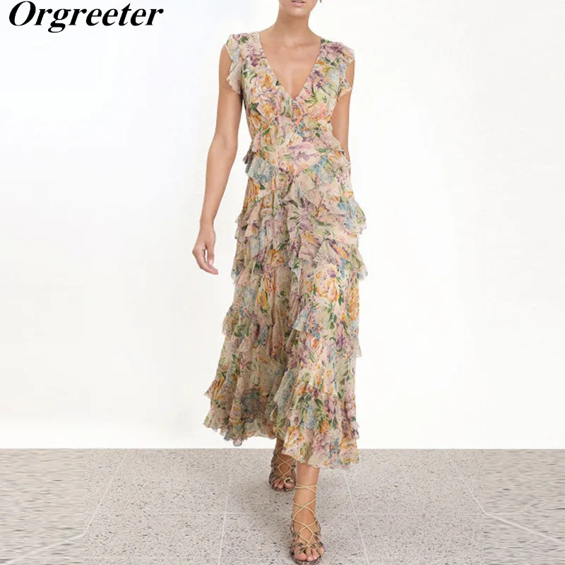 

Summer New Fashion Runway Long Dress Women's Sleeveless Casual Multi-layer Ruffles Tulip Floral Printed Chiffon Long Dress