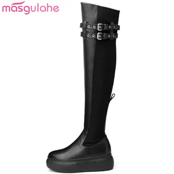 

Masgulahe look slimmer over the knee boots motorcycle autumn winter boots buckles zipper genuine leather boots womens shoes