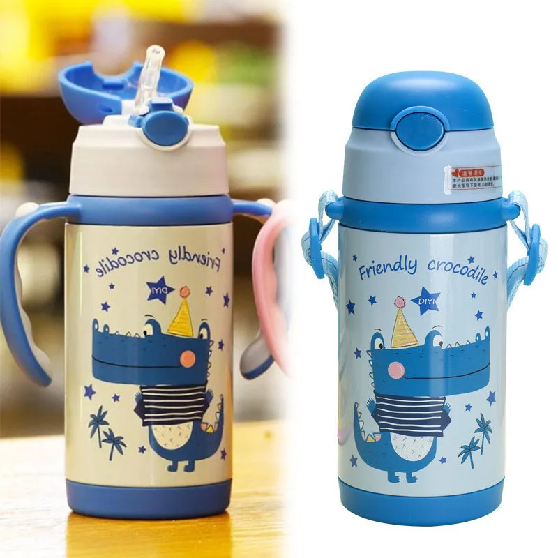 Goede Nieuwe 380ml Roestvrij steel304 Draagbare Handvat Sport Fles Stro Water Baby Dinosaurus Koffie Thermos Cup Kid s Vacuüm kolf