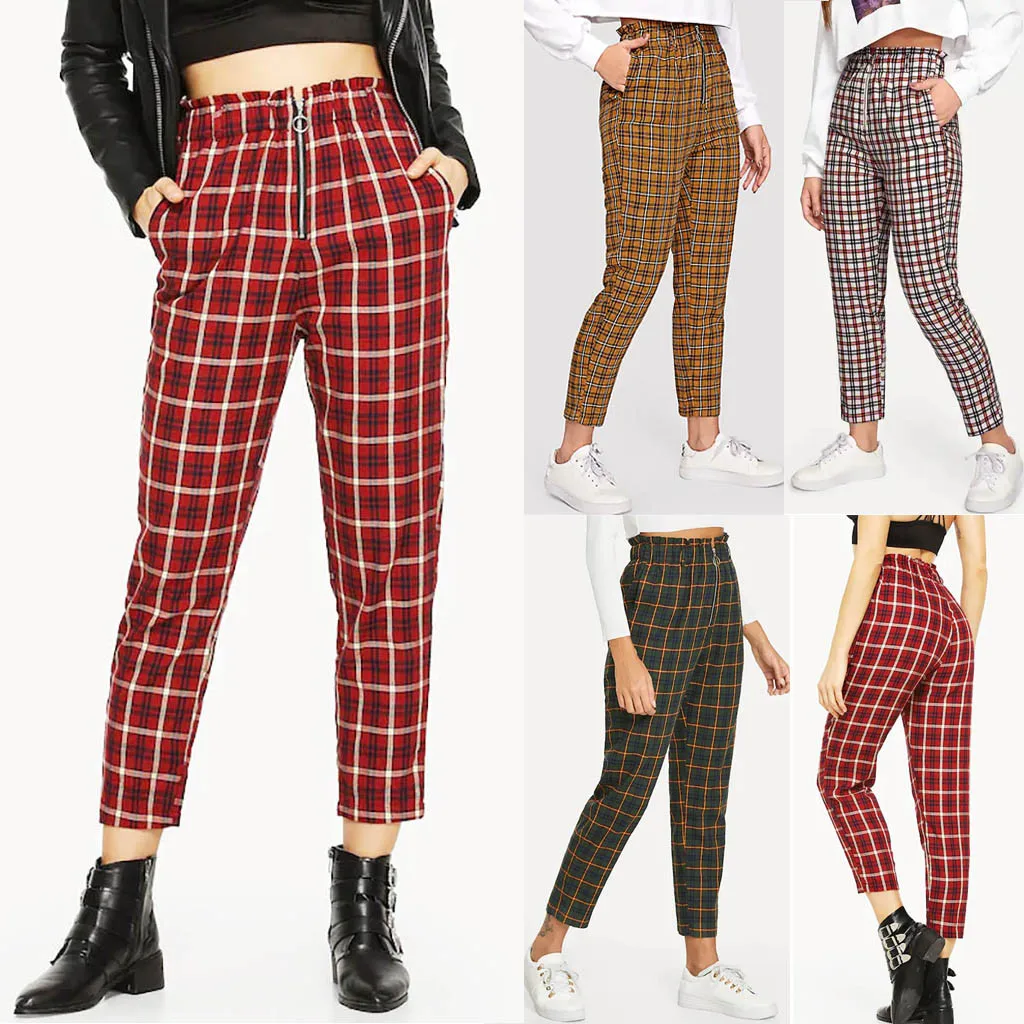 

Fashion Women High Waist Lattice Printing zipper Long Trousers Pockets Decorati Casual Pants calf-length pants july 11