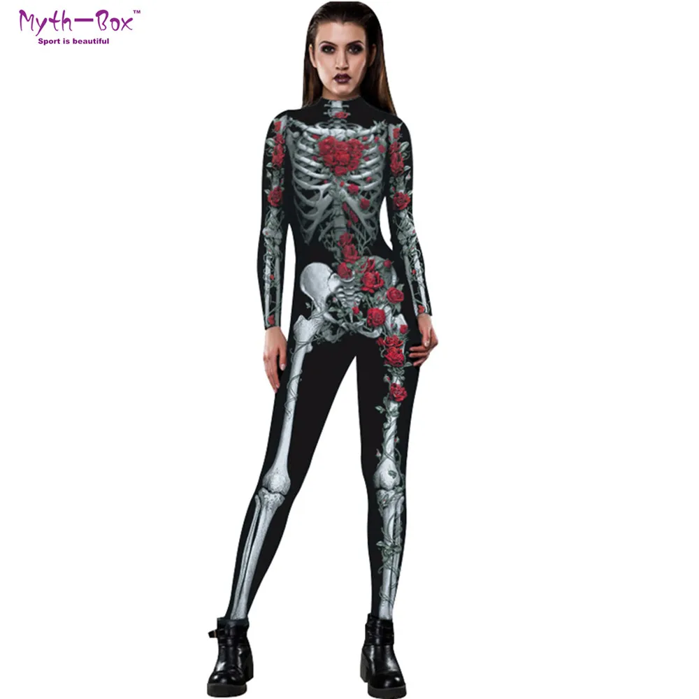 

Women Role Play Jumpsuits Yoga Set Long Sleeves Cosplay Club Suit Halloween Clothes Floral Skull Print Fancy Dress Party Costume