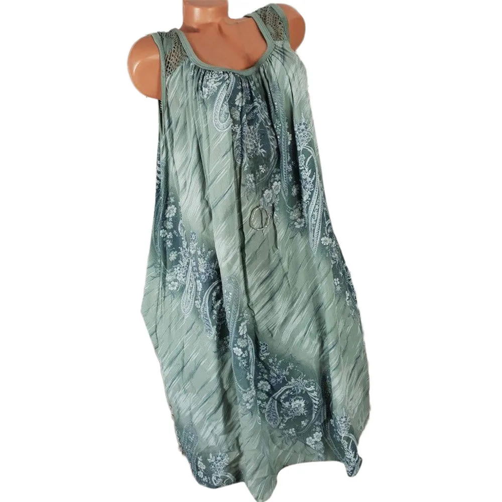 

JAYCOSIN Women's Clothing O-Neck Sleeveless Loose Dress Ladies Boho Casual Flower Printed Lace Off Shoulder Plus Size Dress