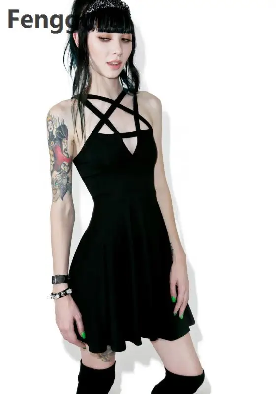 Summer Fashion Women Dress Gothic Vintage Romantic Casual Dress Without Belt Sexy Black Dress Nq816758