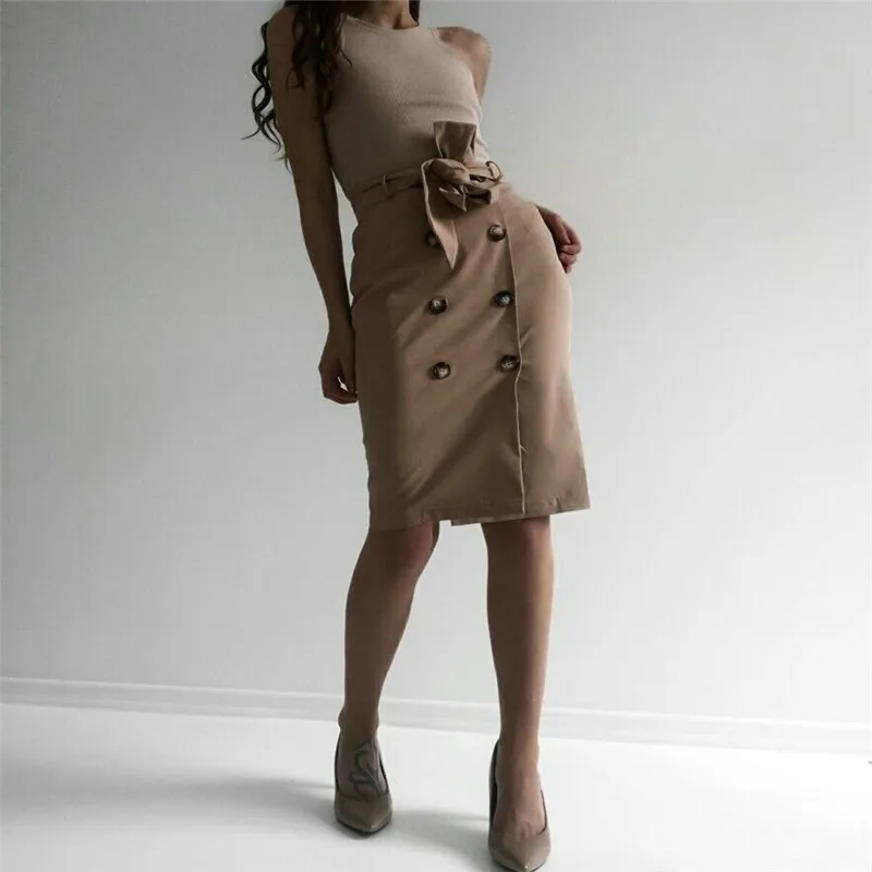 Модная Женская одежда Женская однотонная Повседневная летняя эластичная высокая посадка на пуговице юбки из полиэстера