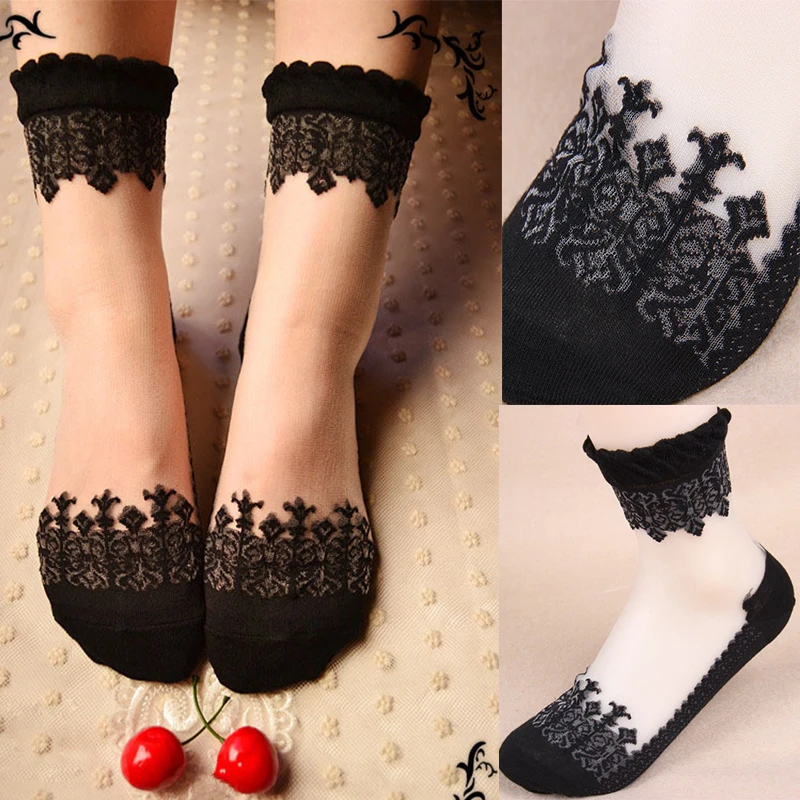 Women Lace Ankle Sock Soft Comfy Sheer Silk Cotton Elastic Mesh Knit ...