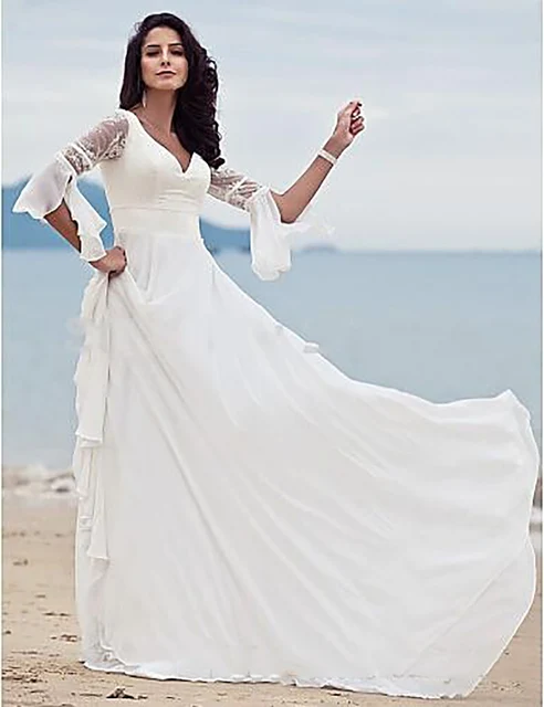 vintage cuello en v vestidos de novia de gasa estilo boho hippie