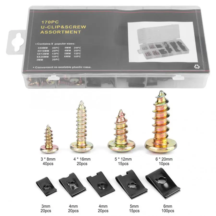 

Bolts and Nuts 170pcs Metal U-Clip Connector Nut Screws Fastener Assortment Kit Bolt Set