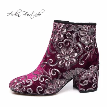

Arden Furtado 2017 winter woman fashion embroidery velvet flowers ankle boots square high heels 8cm handmade shoes