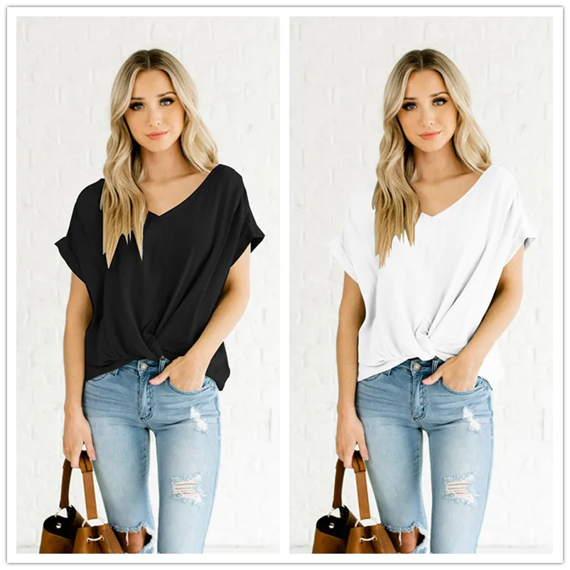 

Large Size 2019 New Summer T Shirt Casual Short Sleeve V-Neck Loose Black Cotton Tops Plus Size Tee Shirt Fashion Women Clothes
