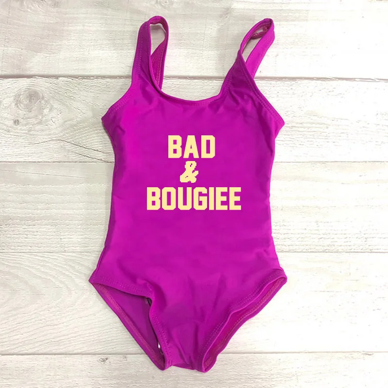 BAD& bougiee буквенный принт Одна деталь купальник, Детские купальники розового цвета для девочек, пляжная одежда, детский ванный комплект летний купальный костюм черный - Цвет: PLGD