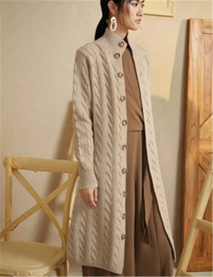  new arrival 100%hand made pure wool knit women streetwear turtleneck solid single breasted long car