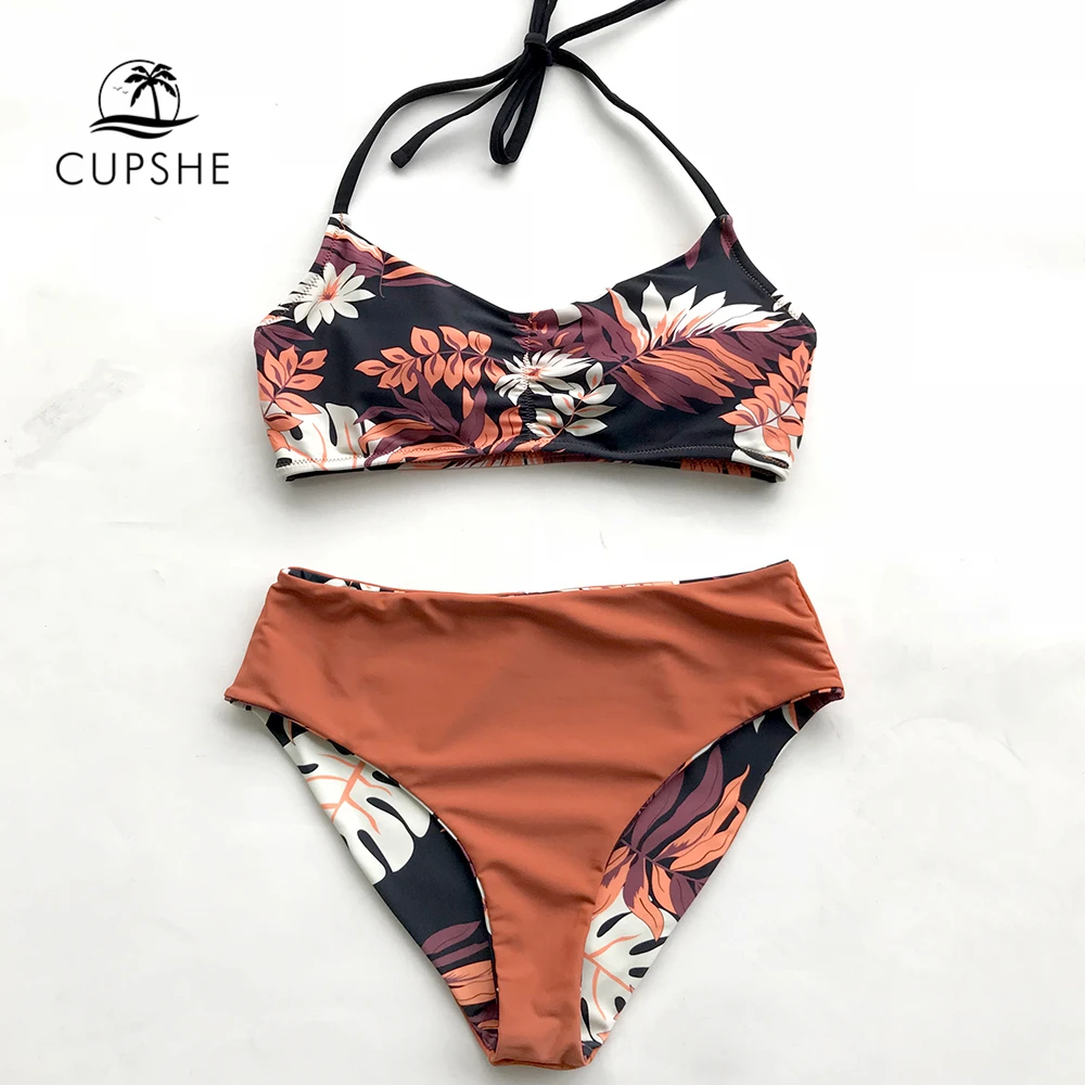CUPSHE Leaf Print Reversible Bikini Set Women Mid Waist Backless Halter Two Pieces Swimwear 2019 Beach Bathing Suit Swimsuits