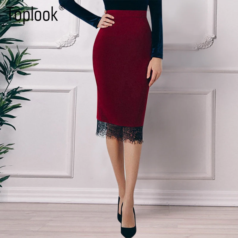Toplook Split Suede Pencil Skirts Womens 2017 New Wine High Waist