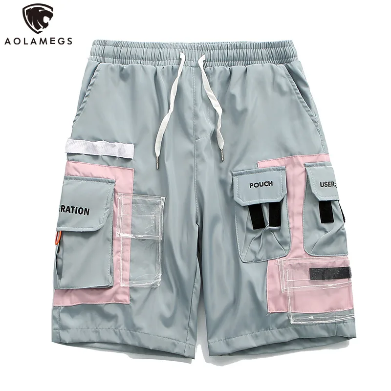 

Aolamegs Shorts Men Multi-Pocket Men Beach Knee-length Elastic Waist Shorts Patchwork Color Drawstring Joggers Sweatpants
