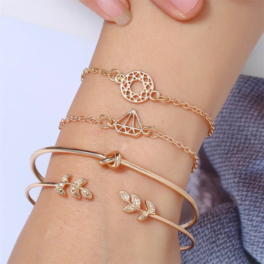 

HOCOLE Fashion Gold Metal Bracelets For Women Bohemian Multi-layer Leaf Knot Link Chain Bracelet Set Open Bangles Female Jewelry