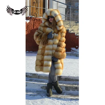 

BFFUR Luxurious Women's Real Fox Fur Coats Is 90 cm With Fur Hood Detachable Genuine Natural Gold Fox Fur Jackets Whole Skin Top