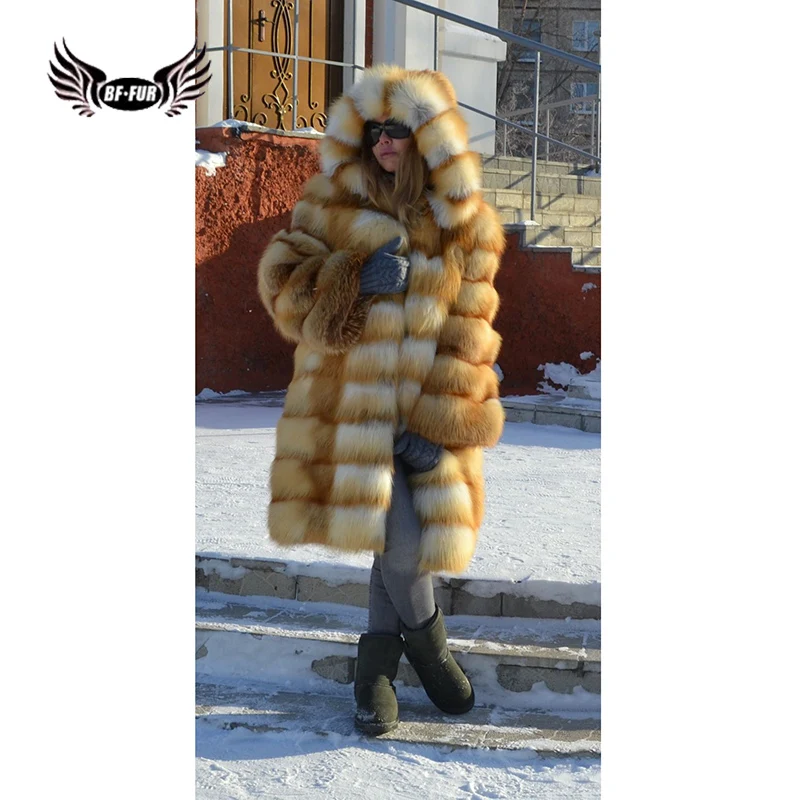 

BFFUR Luxurious Women's Real Fox Fur Coats With Fur Hood 90 cm Long Genuine Natural Red Fox Fur Jackets Whole Skin Top Grade