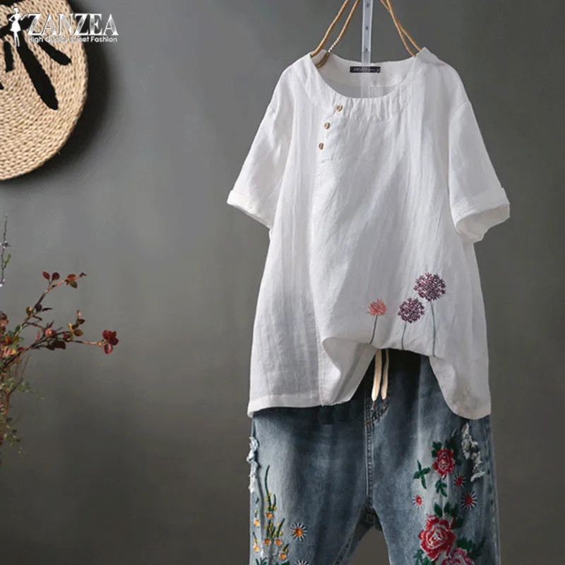 

2019 Plus Size ZANZEA Floral Embroidery Blouse Women Short Sleeve Shirts Summer Casual Work OL Tunic Tops Female Blusas Mujer