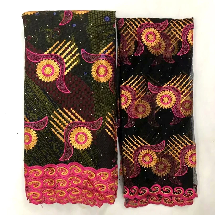 

Latest beautiful style African wax fabric with water soluble lace fabric 6 yds+ 2 yds net lace with beads for Party dress