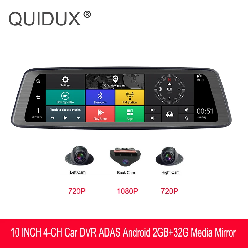 

QUIDUX ADAS 4 Channel Car DVR Camera Video Recorder 4G 10" 8 Core Android GPS Navigation Media Rearview Mirror Dash Cam