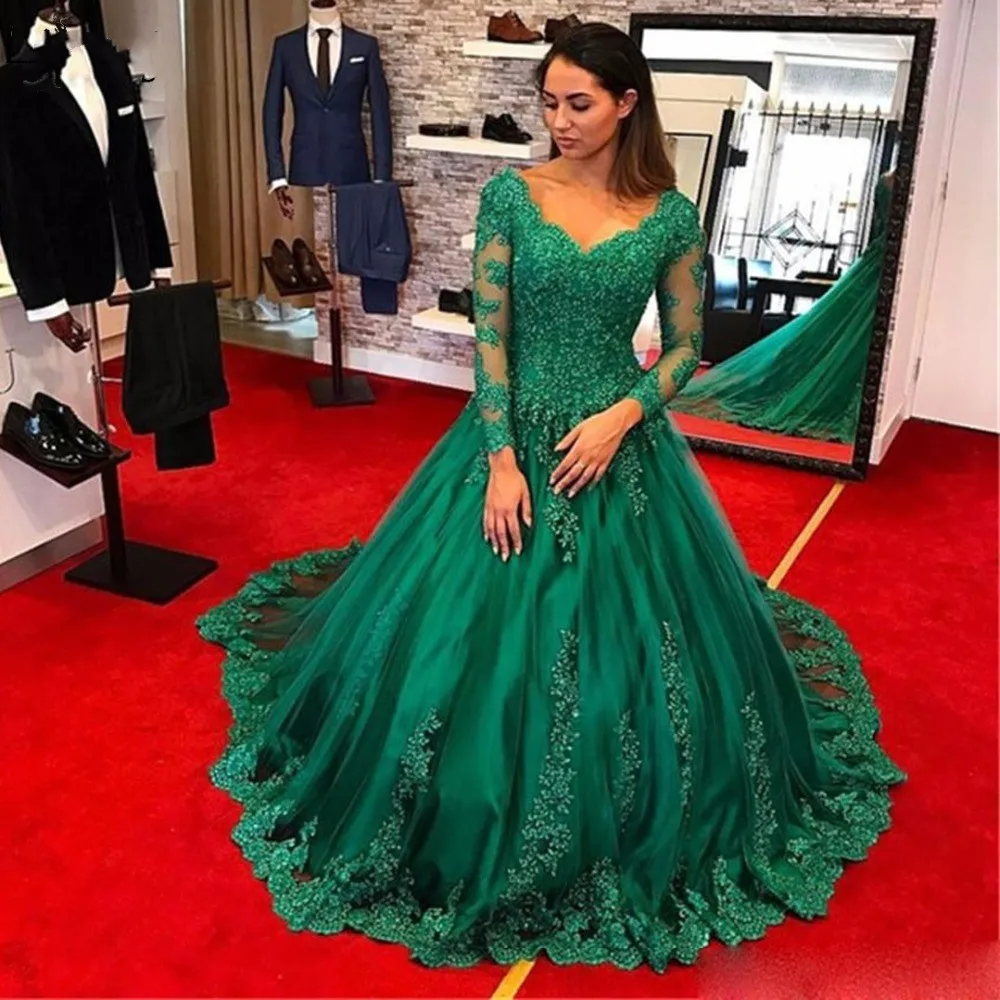 

Abiye 2019 Dubai Evening Formal Dresses Emerald Green Prom Gowns Beaded Abendkleider Appliques Evening Gown Full Sleeves