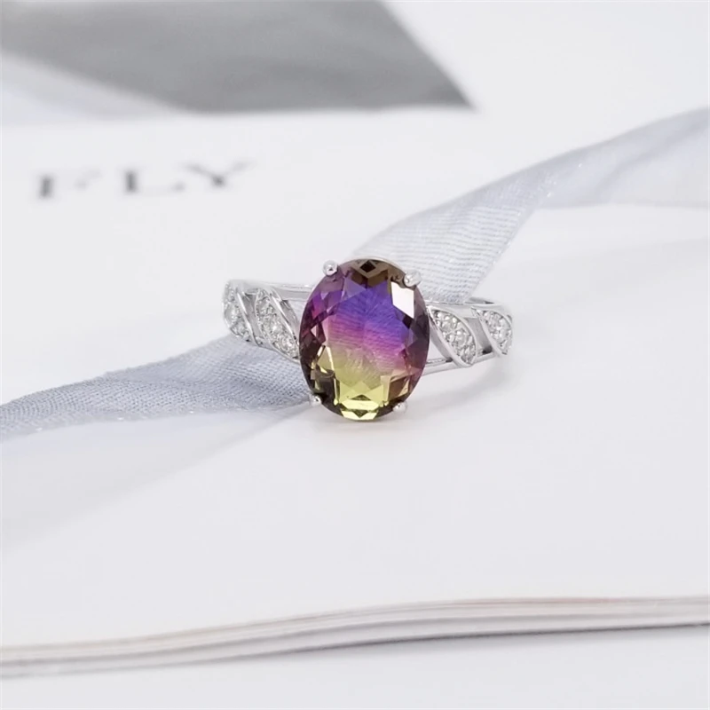 

Genuine 925 Sterling Silver Rainbow Natural Crystal Stone Women Wedding Ring Female Vintage Oval Open Band S925 Engagement Rings