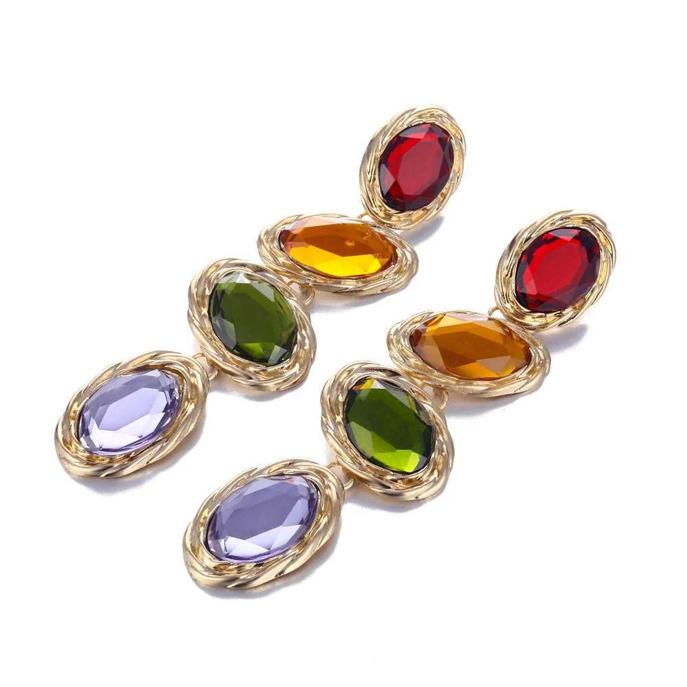 

1 pair Popular Luxury Multicolor colorstone Inlay Earrings Oval Alloy Earring Female Summer Style earring Banquet earring