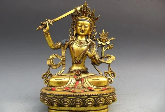 

free shipping S0390 Tibet Buddhism Fane Bronze Gild Manjusri Bodhisattva Kwan-Yin buddha Statue