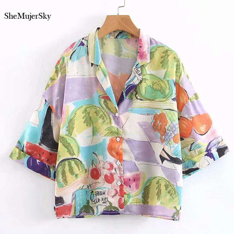 

SheMujerSky Woman Tops Summer Beach Fruit Print Blouses Half Sleeve Turn-down Collar Women Shirts top mujer 2019