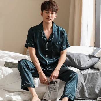 

Summer Mens Stain Silk Pajama Set Pajamas Men Sleepwear Modern Style Silk Nightgown Home Male Satin Soft Cozy For Sleeping