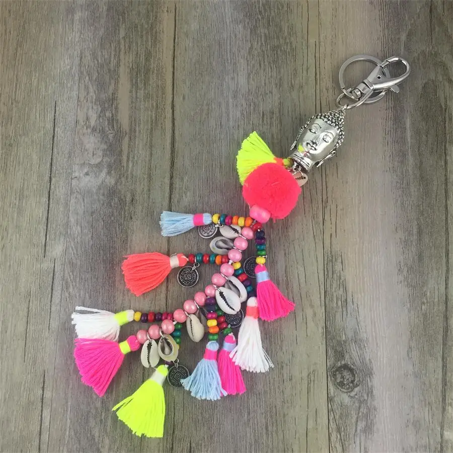 

Boho Jewelry Keychain Multi Cotton Tassel Shells Alloy Charm Key Chains Bohemian Accessories for Women Beach Bag