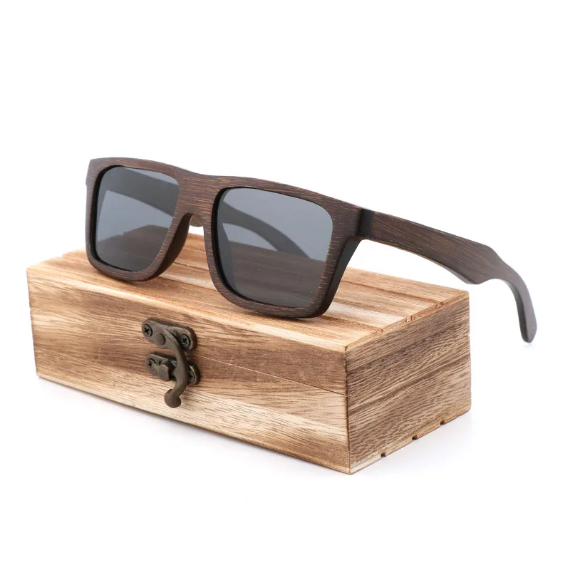 Бамбуковая Пальма бамбуковые деревянные солнцезащитные очки с квадратной оправой в стиле ретро модные Для мужчин, солнцезащитные очки с защитой от УФ лучей объектива UV400 солнцезащитные очки - Цвет линз: Gray Wood Box