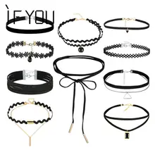 IF YOU 10 PCs/Set Gothic Sexy Black Leather Lace Flower Fashion Hollow Choker Necklace Set Necklaces Collier For Women Jewelry
