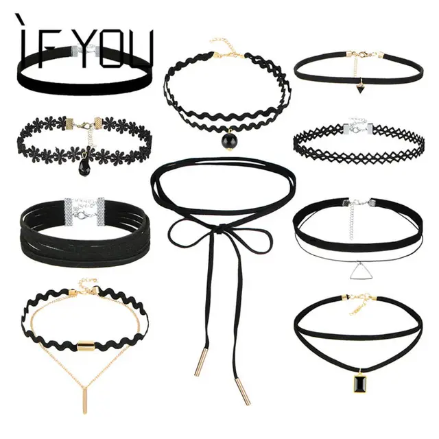 IF YOU 10 PCs/Set Gothic Sexy Black Leather Lace Flower Fashion Hollow Choker Ne IF YOU 10 PCs/Set Gothic Sexy Black Leather Lace Flower Fashion Hollow Choker Ne