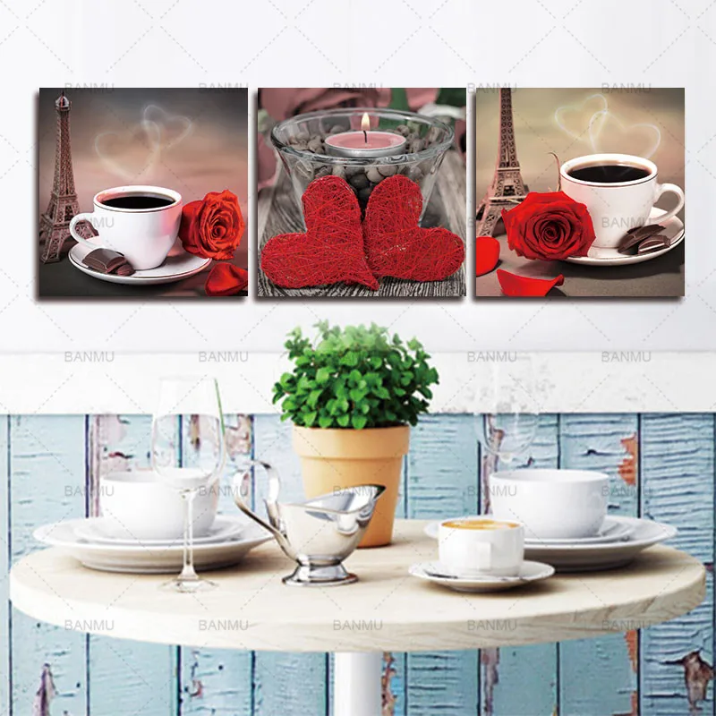 

Canvas painting 3 piece Modular Paintings On Classical Coffee Rose Posters and Prints for Kitchen The Wall Art Cuadros Decor