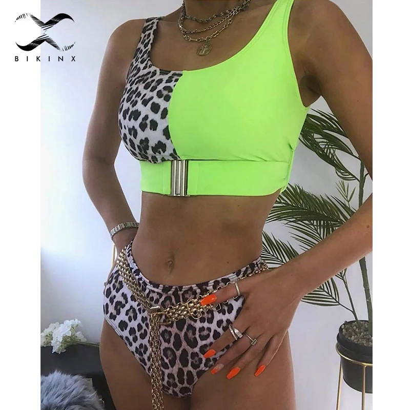 Günstige Bikinx Hohe taille bademode frauen badegäste Leopard sexy badeanzug weibliche Gürtel schnalle bikinis 2020 mujer Push up badeanzug sommer
