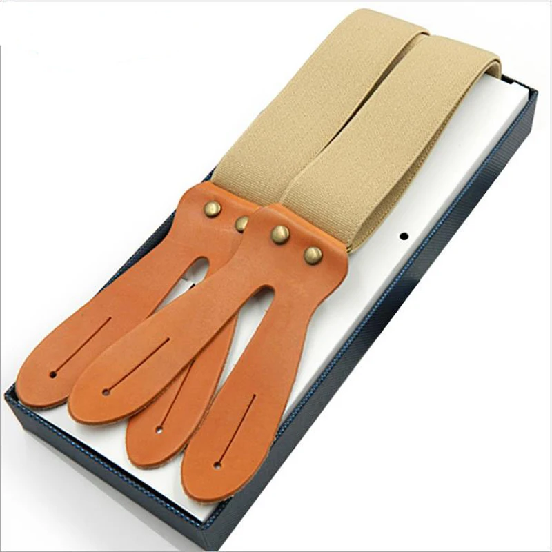 Genuine Leather Suspenders Upper Leather Buttons Braces Adjustable Elastic Bretelles Y Back